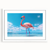 Framed wall art featuring a vibrant flamingo design in shades of pink and green, set against a white background, perfect for tropical-themed decor.