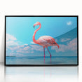 Framed wall art featuring a stylish flamingo design in vibrant pinks and greens, set in a sleek black frame, perfect for modern home decor.