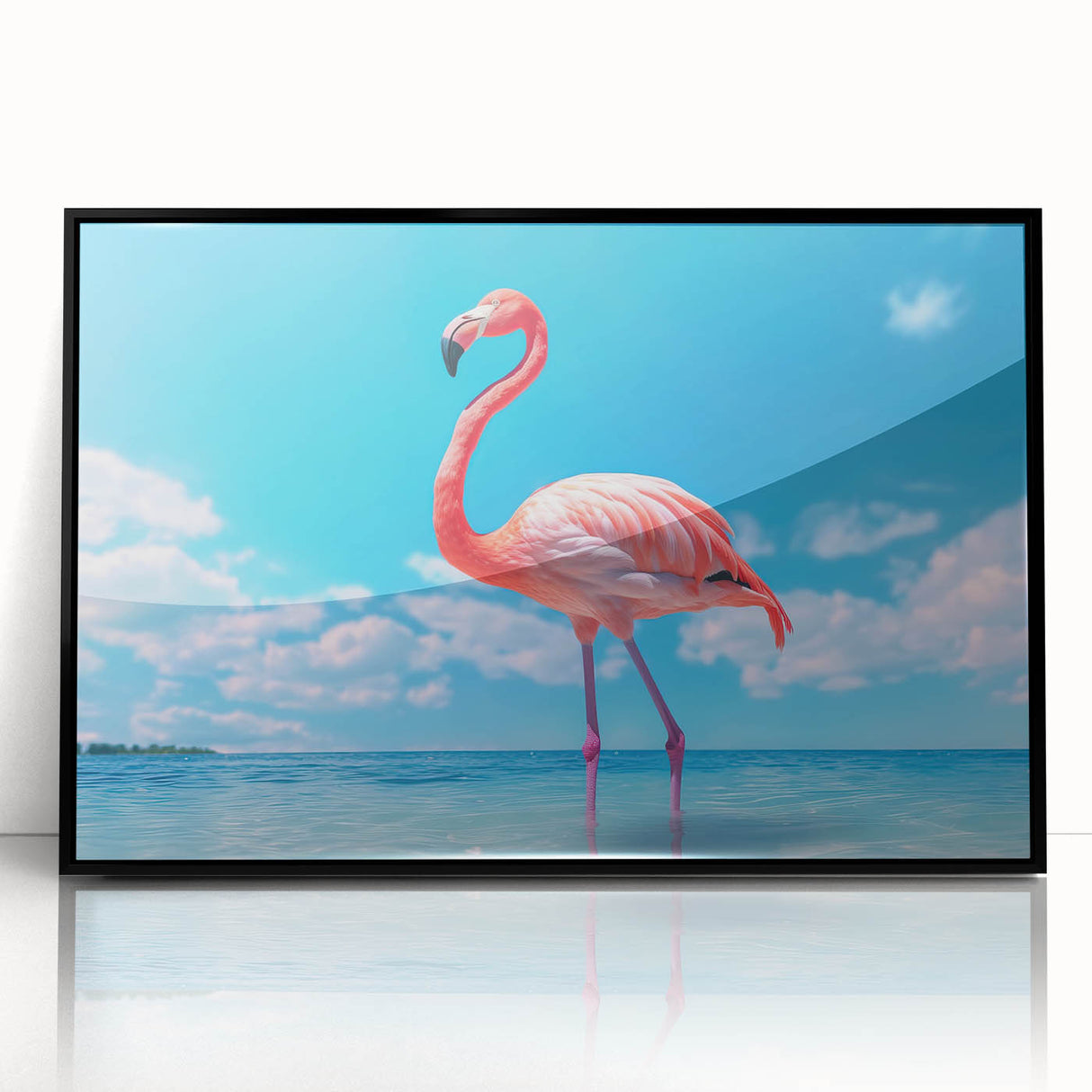 Framed wall art featuring a stylish flamingo design in vibrant pinks and greens, set in a sleek black frame, perfect for modern home decor.