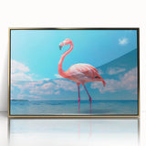 Framed wall art featuring a stylish flamingo design with gold accents, displayed in an elegant setting, ideal for modern decor and tropical themes.