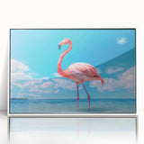 Framed wall art featuring a vibrant flamingo design in a white frame, showcasing colorful tropical elements ideal for modern home decor or beach-themed interiors.