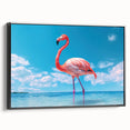 Framed wall art showcasing a vibrant flamingo design on canvas, elegantly displayed with a black frame, ideal for adding a tropical touch to home decor.