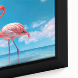 Framed close-up of a vibrant flamingo wall art design, showcasing intricate details in pink hues, perfect for adding a tropical touch to home decor.
