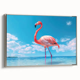 Framed canvas wall art featuring a stylish flamingo design, set in a sleek silver frame, ideal for modern home decor and tropical-themed interiors.