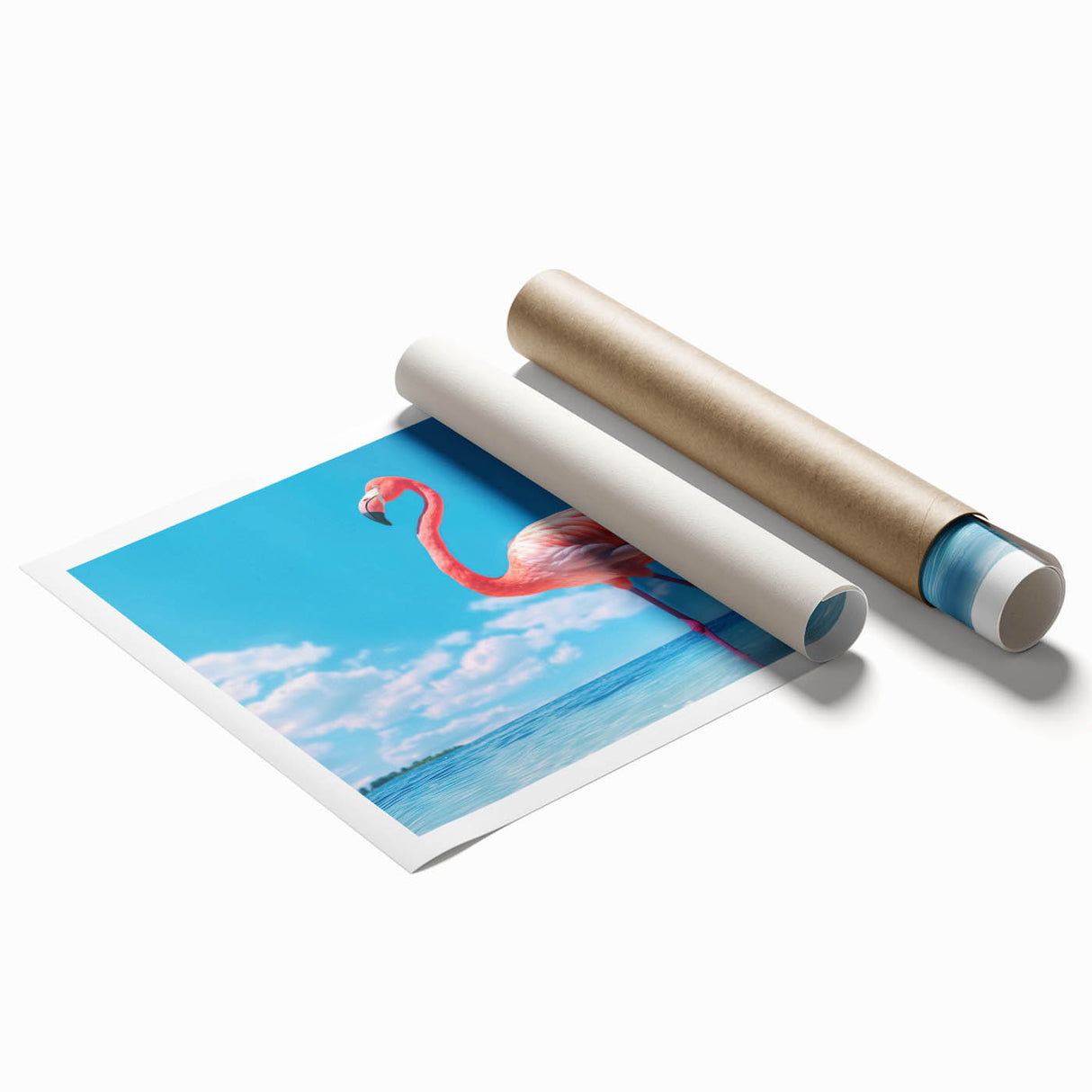 Flamingo-themed wall art print showcasing vibrant pink and green colors, rolled for easy shipping, perfect for adding a tropical touch to home decor.