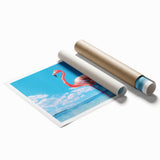 Flamingo-themed wall art print showcasing vibrant pink and green colors, rolled for easy shipping, perfect for adding a tropical touch to home decor.