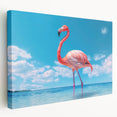 Stretched canvas wall art featuring vibrant flamingo design in pink and green hues, ideal for tropical-themed decor, showcased in a side view.