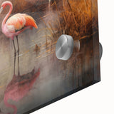 Close-up of a vibrant flamingo design wall art collection, showcasing intricate details and bold colors on acrylic glass, ideal for modern home decor.