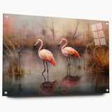 Side view of a stylish flamingo design wall art piece made of acrylic glass, featuring vibrant colors and a modern aesthetic, perfect for home decor.