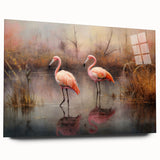 Flamingo-themed wall art collection featuring vibrant pink and white acrylic designs displayed in a sleek glass frame, showcasing a modern decor aesthetic.