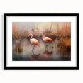 Flamingo-themed wall art collection framed with a black mat, showcasing vibrant pink birds on a white background, perfect for modern decor enthusiasts.