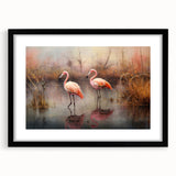 Flamingo-themed wall art collection framed with a black mat, showcasing vibrant pink birds on a white background, perfect for modern decor enthusiasts.