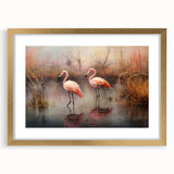 Framed wall art featuring a stylish flamingo design, elegantly matted with a gold frame, perfect for enhancing modern home decor aesthetics. Ideal for bird lovers and art enthusiasts.