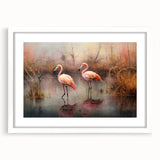 Flamingo-themed wall art collection framed in white with a mat, showcasing vibrant pink flamingos against a tropical background, ideal for colorful home décor.
