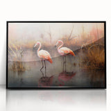 Framed wall art featuring a vibrant flamingo design, showcasing shades of pink and black, elegantly displayed in a sleek black frame, perfect for modern decor.