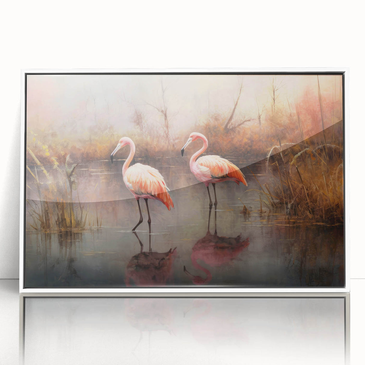 Framed wall art featuring a vibrant flamingo design with a white acrylic frame, showcasing a colorful tropical scene ideal for home decor. Perfect for adding a touch of nature-inspired elegance to any room.
