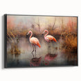 Framed canvas wall art featuring a vibrant flamingo design in pink and black, showcasing a stylish side view. Ideal for modern home decor and tropical-themed interiors.