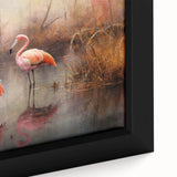Close-up of a framed flamingo wall art canvas, showcasing vibrant pink and green colors with intricate details, perfect for adding a tropical touch to home decor.