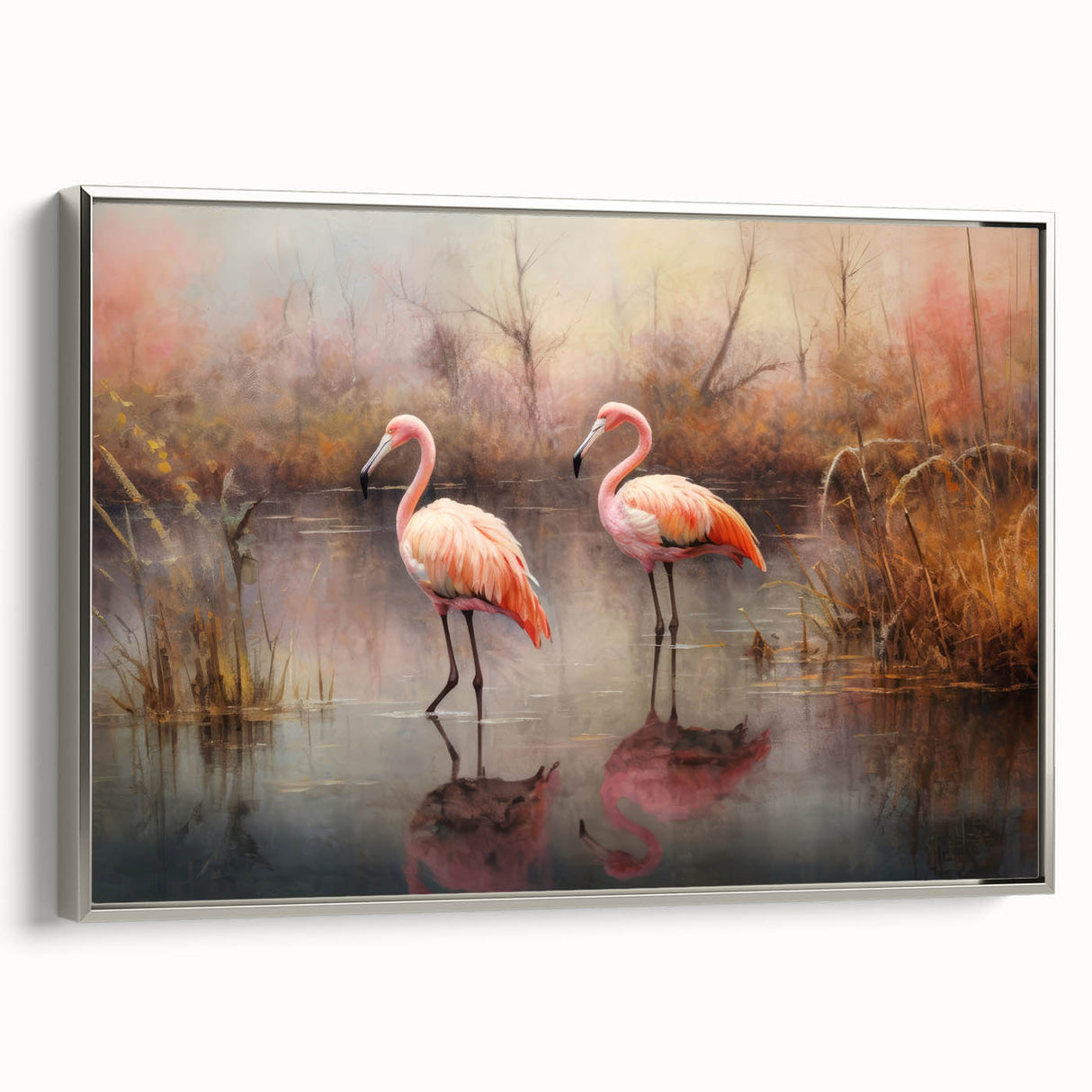 Framed wall art featuring a vibrant flamingo design on canvas, showcasing a silver frame and side view. Perfect for adding a tropical touch to home decor.