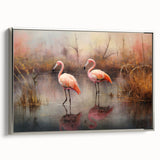 Framed wall art featuring a vibrant flamingo design on canvas, showcasing a silver frame and side view. Perfect for adding a tropical touch to home decor.