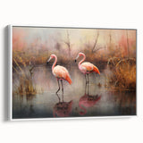 Framed canvas wall art featuring a vibrant flamingo design, showcasing intricate details and a white frame, ideal for tropical-themed decor. Perfect for enhancing living spaces with a touch of nature.