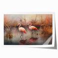 Flamingo-themed wall art print showcasing vibrant pink and green colors, featuring tropical foliage and a modern design, ideal for home decor enthusiasts.