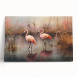 Stretched canvas wall art featuring a vibrant flamingo design with tropical colors, elegantly leaning against a wall, ideal for modern decor.