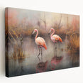 Vibrant stretched canvas wall art featuring a tropical flamingo design, showcasing vivid pink hues and lush greenery, perfect for brightening any living space.