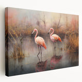 Vibrant stretched canvas wall art featuring a tropical flamingo design, showcasing vivid pink hues and lush greenery, perfect for brightening any living space.