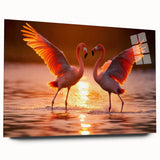 Acrylic wall art collection featuring a vibrant flamingo design, displayed in a contemporary setting with a clear glass frame, showcasing its elegant side view. The colorful artwork adds a modern touch to any room decor.