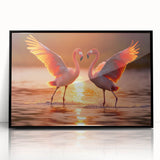 Framed wall art featuring a vibrant flamingo design in a sleek black frame, showcasing colorful tropical birds against a white background, perfect for modern decor.