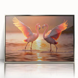 Framed wall art featuring a vibrant flamingo design in a silver acrylic frame, showcasing colorful tropical aesthetics ideal for modern home decor. Perfect for enhancing living spaces with a touch of elegance and nature-inspired beauty.