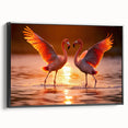 Framed canvas wall art featuring a vibrant flamingo design, showcasing a black frame and side view, perfect for adding a tropical touch to home decor.