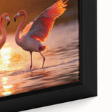 Close-up of a framed canvas featuring a vibrant flamingo design in pink and green hues, showcasing intricate details and a modern aesthetic suitable for home decor.