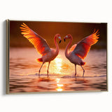 Framed canvas wall art featuring a vibrant flamingo design in gold tones, elegantly displayed from the side, perfect for modern home decor. Ideal for nature lovers.