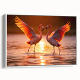 Framed wall art featuring a vibrant flamingo design on a white background, showcasing colorful details and a modern aesthetic perfect for home decor.