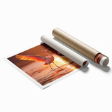 Flamingo-themed wall art print showcasing vibrant pink flamingos against a tropical background, rolled for easy display and shipping in protective tube packaging.