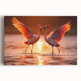 Flamingo-themed stretched canvas wall art showcasing vibrant pink and orange hues, perfect for tropical decor and adding a lively touch to any room.
