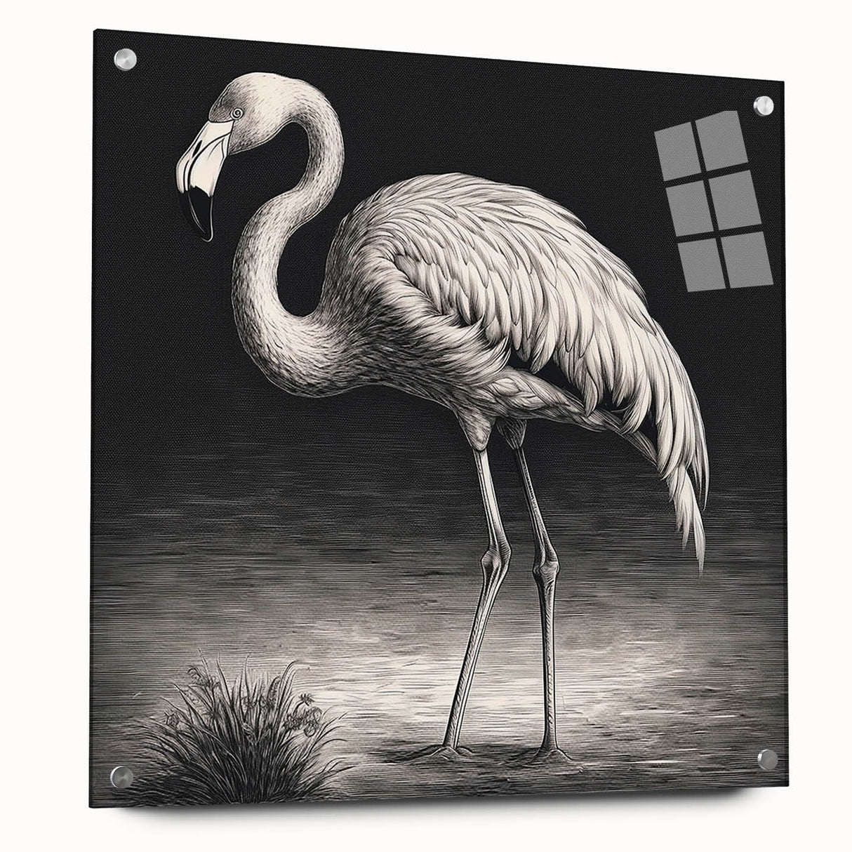 Side view of a vibrant flamingo wall art collection displayed on acrylic glass, featuring colorful designs with pins for easy hanging, perfect for home decor.