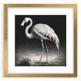Framed wall art featuring a vibrant flamingo design with gold accents, elegantly matted and set in a sleek frame, perfect for adding a touch of tropical elegance to home decor.