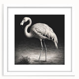 Framed wall art featuring a vibrant flamingo design, elegantly matted in white, showcasing tropical colors and a modern aesthetic, perfect for home decor.