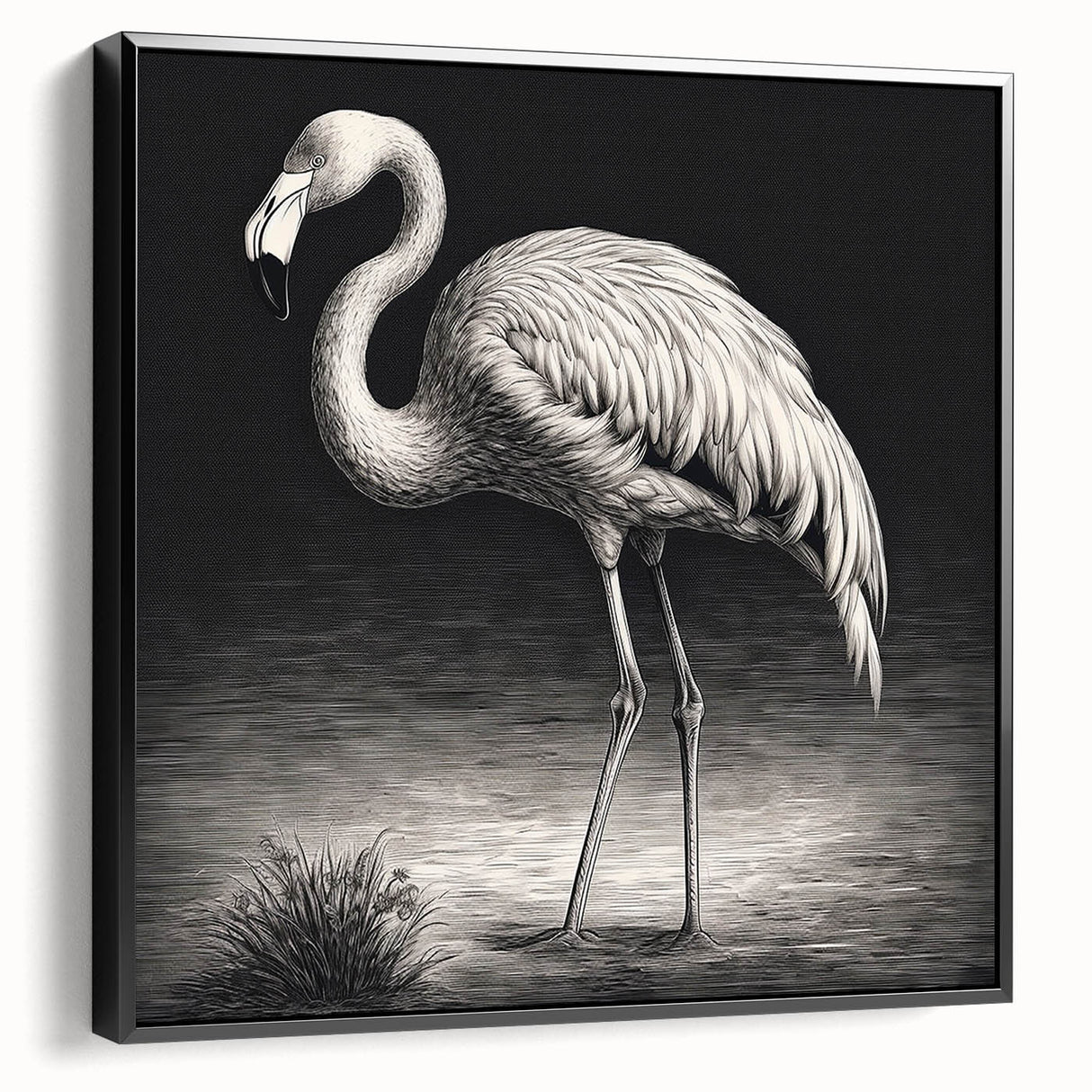 Framed canvas wall art featuring a vibrant flamingo design in shades of pink and green, showcasing a black frame from a side view, perfect for contemporary decor.