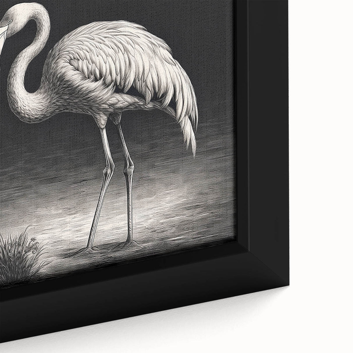 Close-up of a framed canvas featuring a vibrant flamingo design, showcasing intricate details and bright colors, ideal for tropical-themed decor.