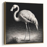 Framed wall art showcasing a vibrant flamingo design with gold accents, displayed at a side view. Perfect for adding a tropical touch to home decor.