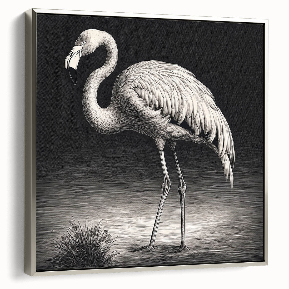 Framed canvas wall art featuring a vibrant flamingo design with silver accents, perfect for adding a tropical touch to home decor. The artwork showcases vivid pink flamingos against a soft background, ideal for enhancing living spaces or offices.