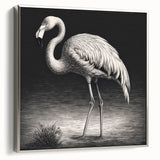 Framed canvas wall art featuring a vibrant flamingo design with silver accents, perfect for adding a tropical touch to home decor. The artwork showcases vivid pink flamingos against a soft background, ideal for enhancing living spaces or offices.