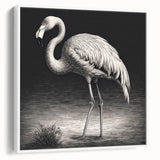 Framed canvas wall art featuring a vibrant pink flamingo design against a white background, showcasing a modern aesthetic perfect for home decor. The side view highlights its sleek frame, making it an attractive addition to any living space.