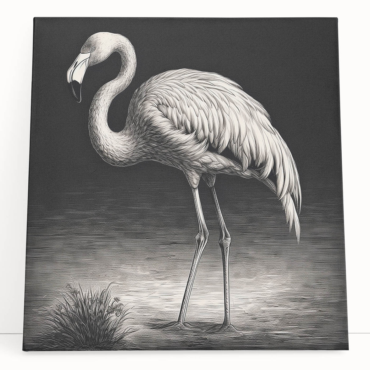 Vibrant flamingo wall art canvas featuring pink and green hues, elegantly leaning against a wall, perfect for tropical-themed home decor.