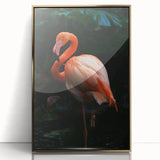 Framed wall art showcasing a vibrant flamingo design, featuring a gold acrylic finish and elegant framing, perfect for modern home decor and tropical themes.