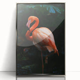 Framed wall art featuring a vibrant flamingo design in a silver-acrylic frame, showcasing tropical colors and modern aesthetics, perfect for enhancing home decor.